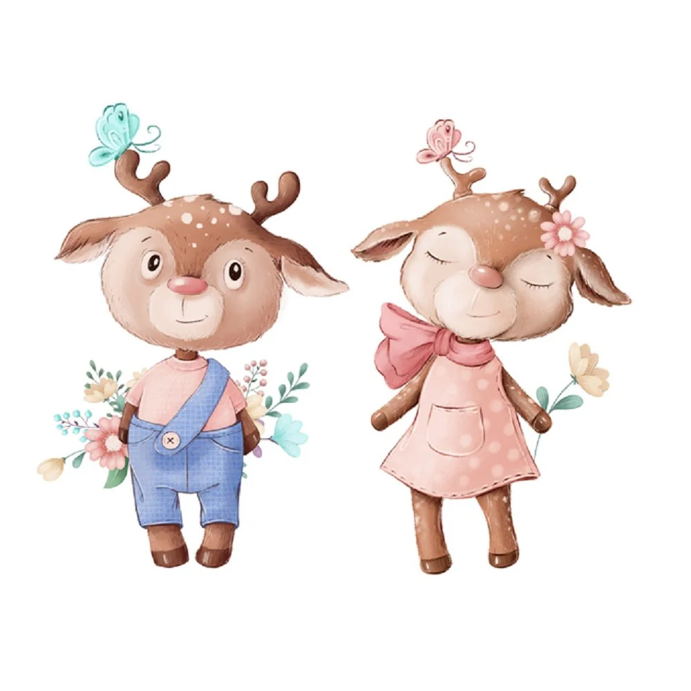 Be Mine, Cute Deer Boy And Girl Fabric Panel - White