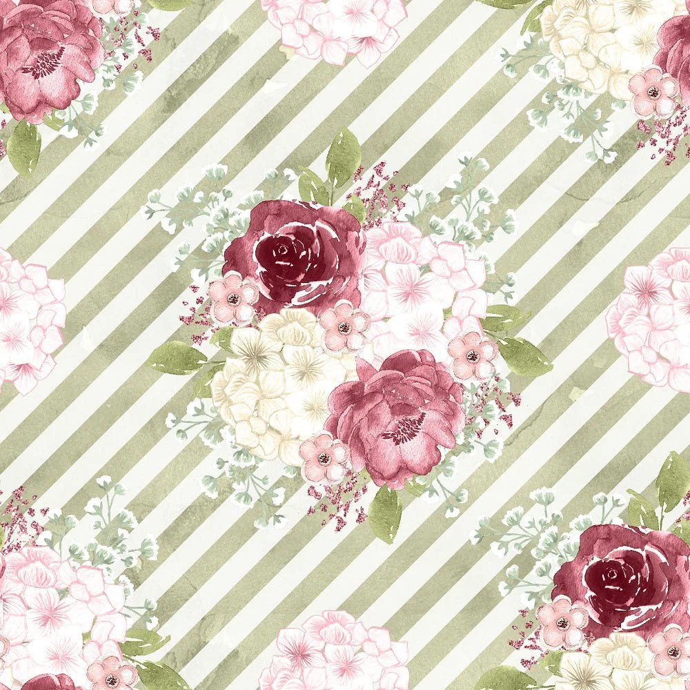 Canyon Rose Green Diagonal Stripes Fabric - White