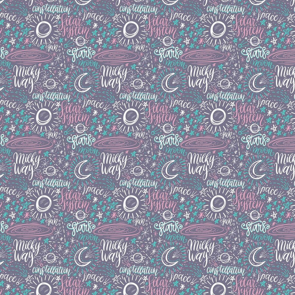 Pink & Purple Cartoon Astronomy Drawings Fabric