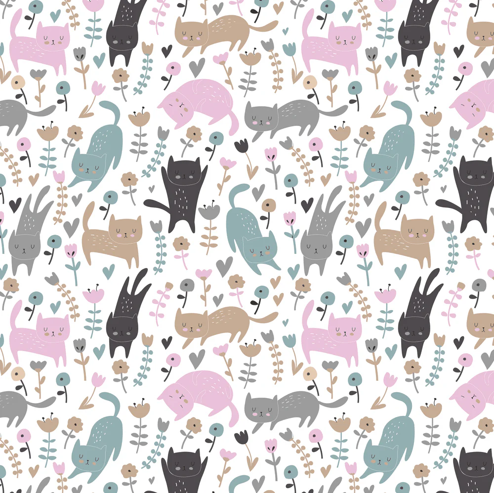 Cartoon Cats And Flowers Fabric - Multi