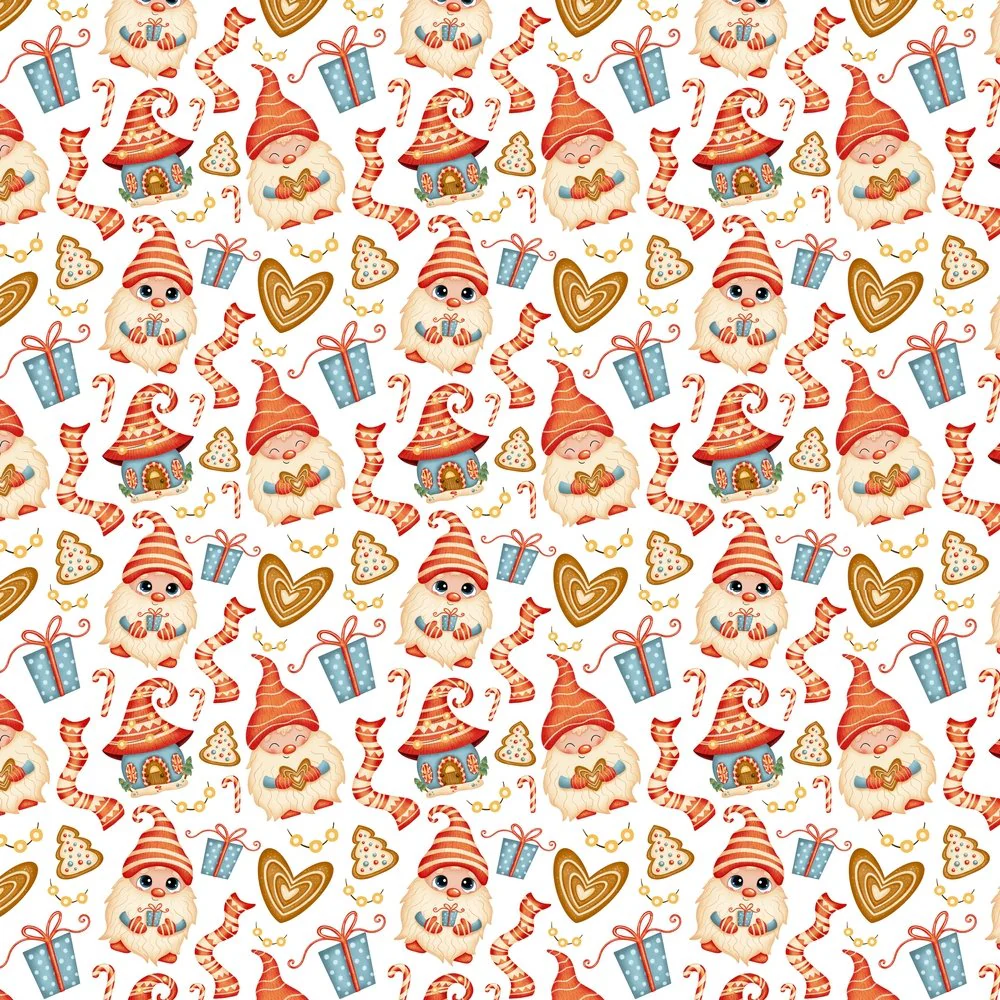 Cartoon Christmas Gnomes & Sweet Fabric - Red