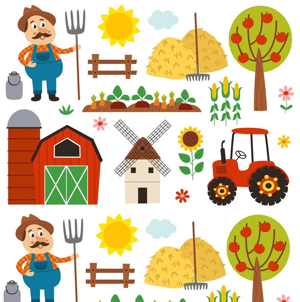 Cartoon Farming Farmer Allover Fabric - White