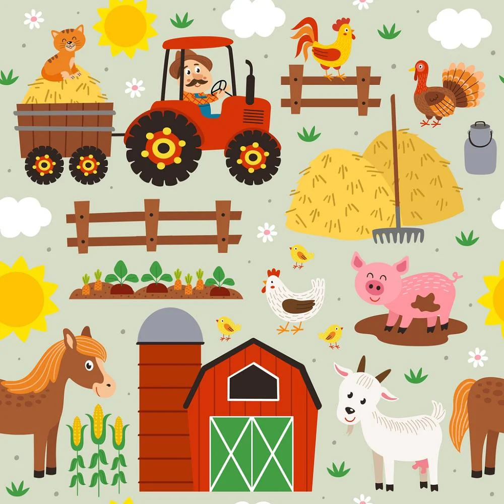 Cartoon Farming Farmer On The Tractor Fabric - Brown