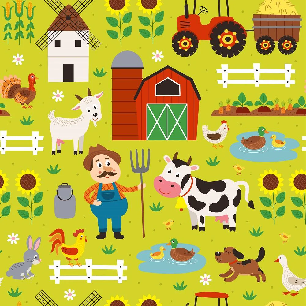 Cartoon Farming Sun Flowers Fabric - Green