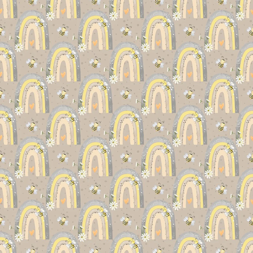 Cartoon Rainbows on Geometric Dots Fabric - Grey