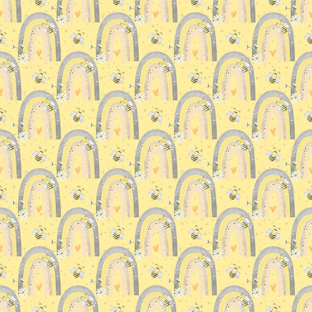 Cartoon Rainbows on Geometric Dots Fabric - Yellow