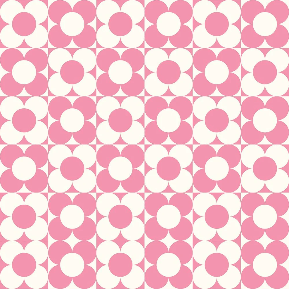Checkerboard Retro Flowers Fabric - Pink