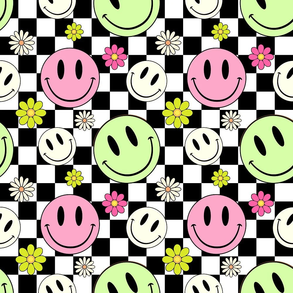Checkered Smiley Faces Fabric - Pastel