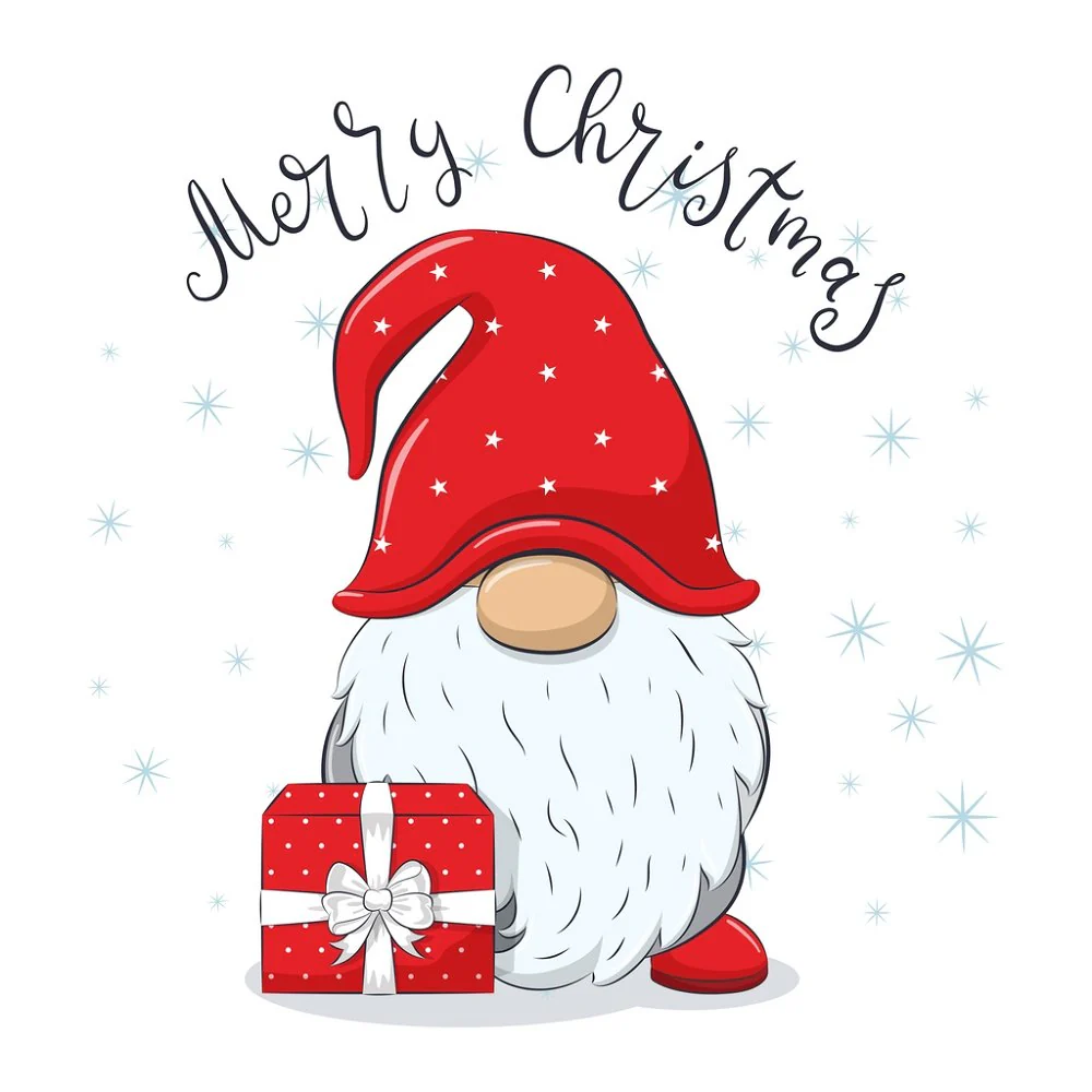 Cheerful Gnome With Christmas Present Fabric Panel - White