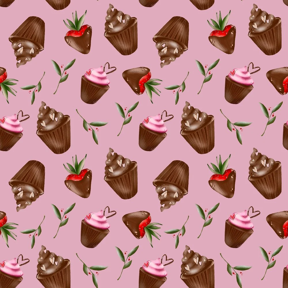 Chocolate Cover Strawberries and Cupcakes Fabric - Hot Pink