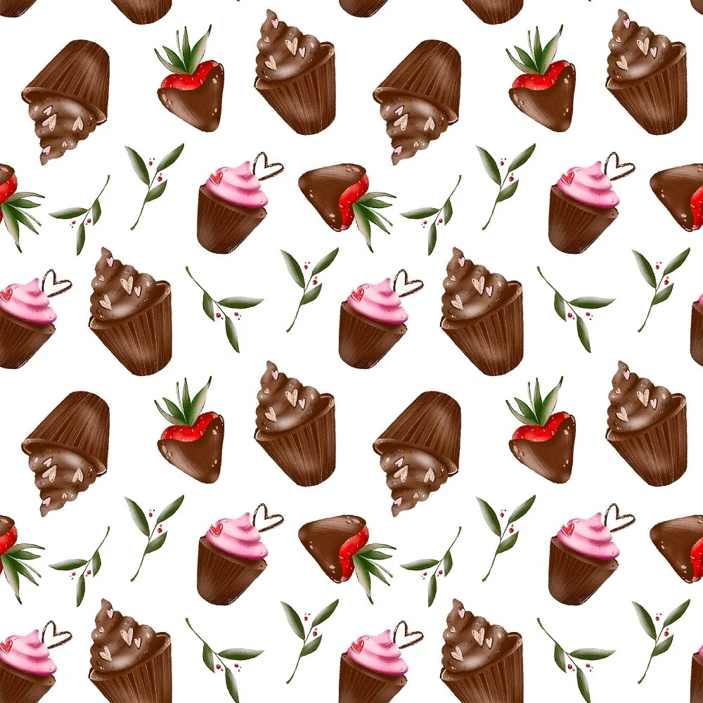 Chocolate Cover Strawberries and Cupcakes Fabric - White