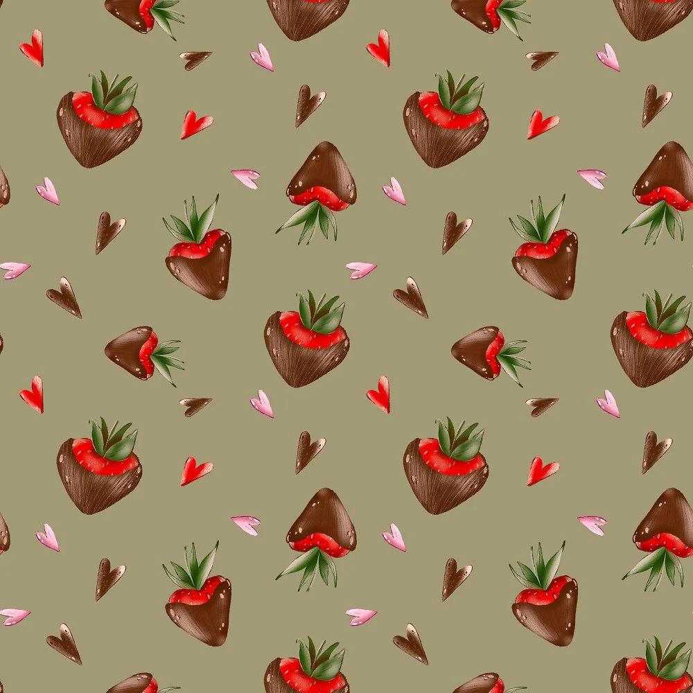 Chocolate Covered Strawberries and Hearts Fabric - Green