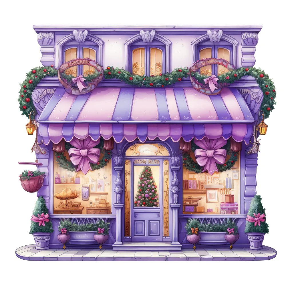 Christmas Antique Storefront Fabric Panel - Purple