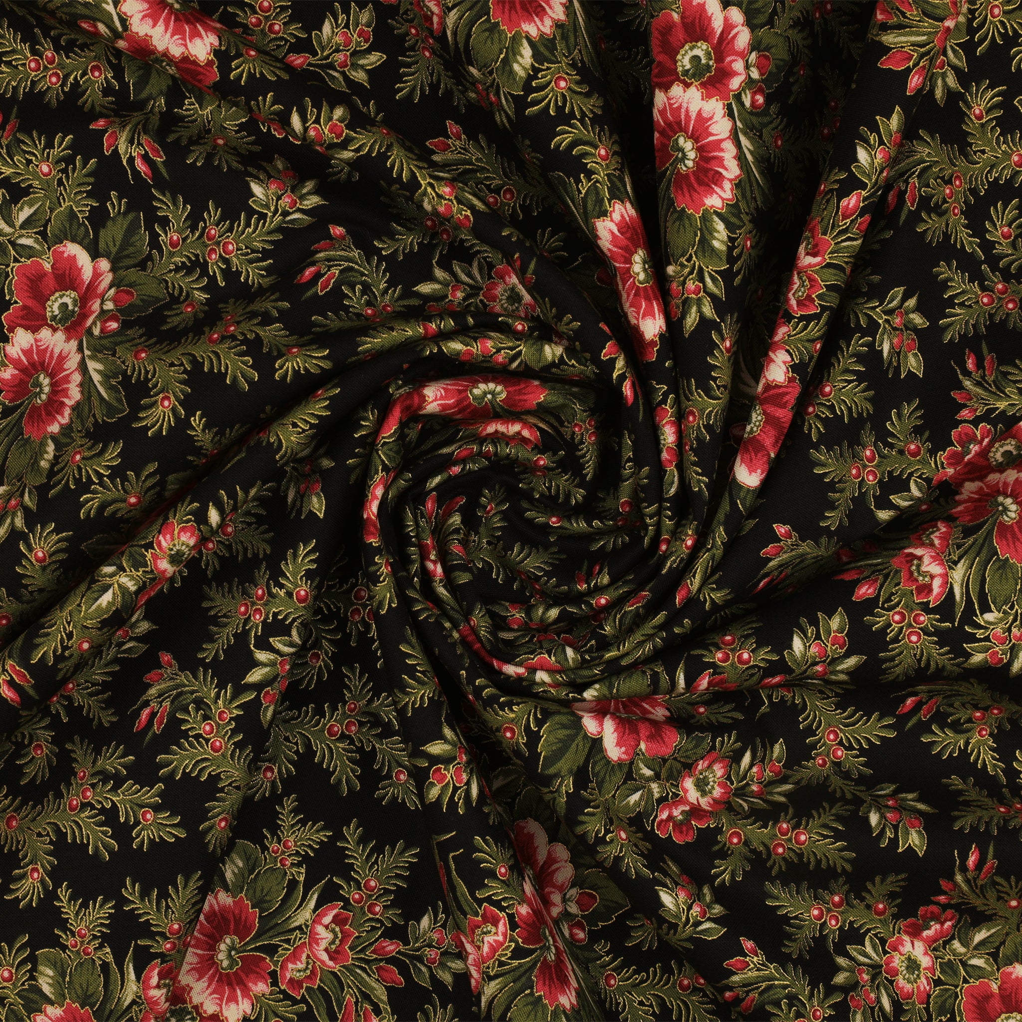 Christmas At Home Fabric Collection - Dalmia Floral Spray Black - Image 2