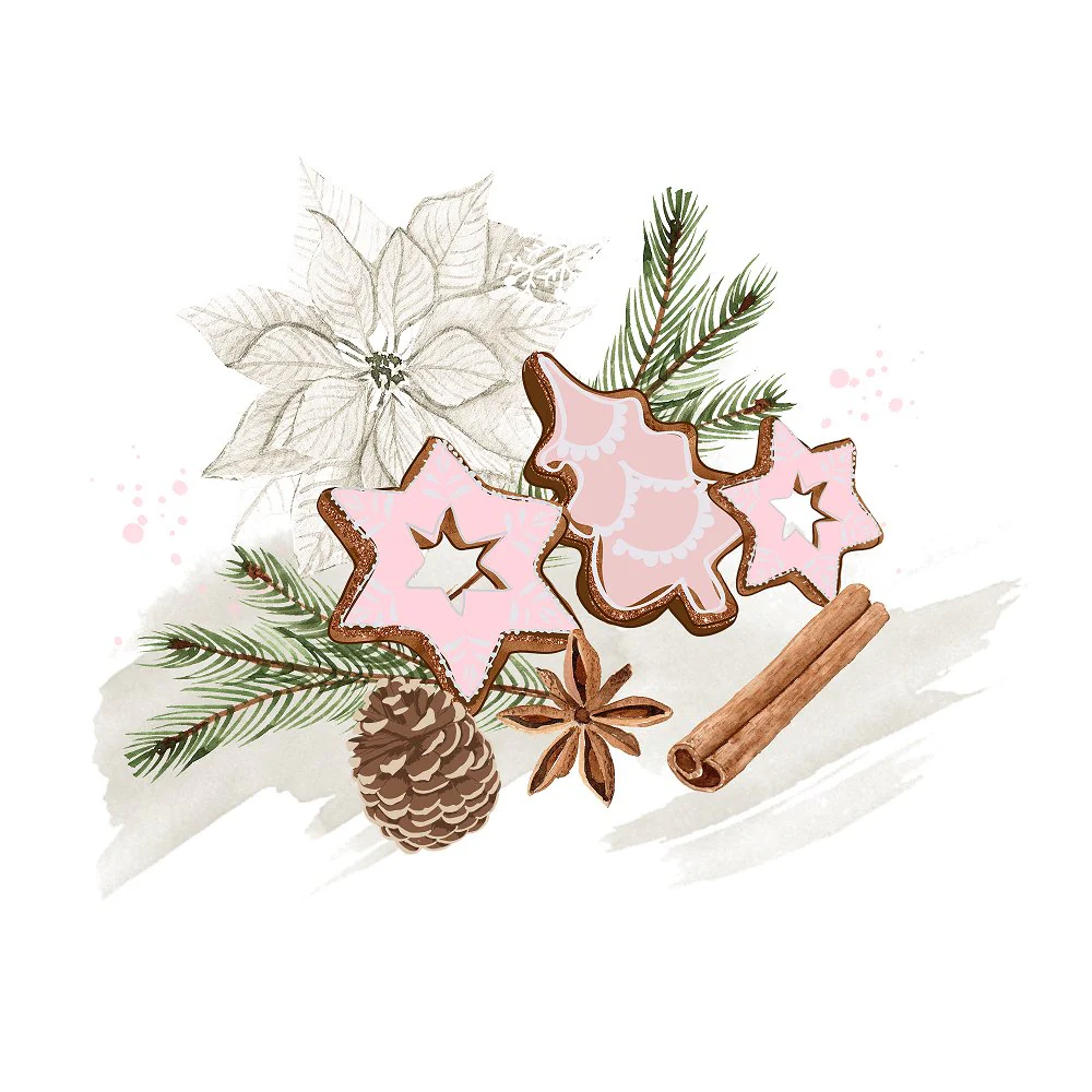 Christmas Cookies & Floral Arrangement Fabric Panel