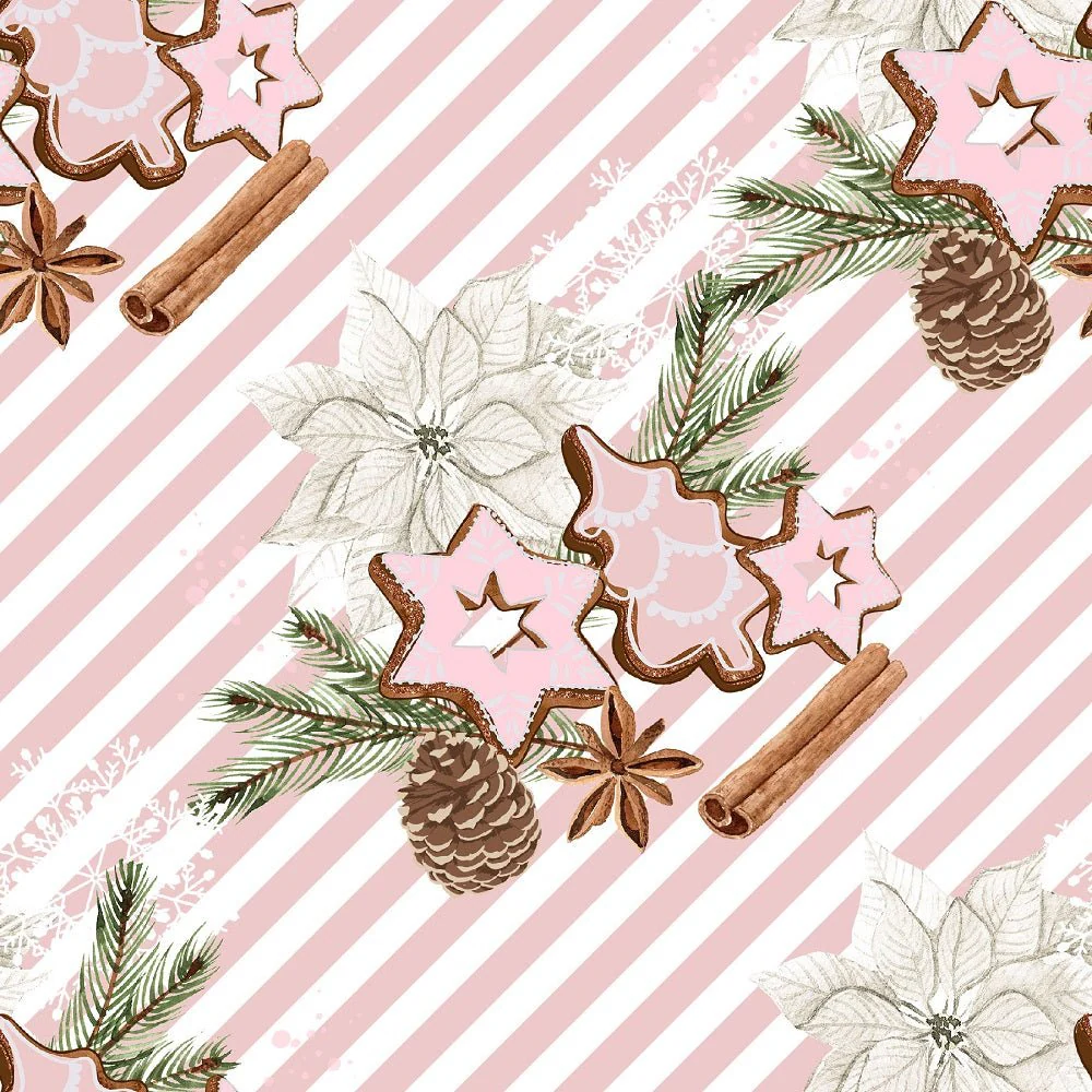 Christmas Elements on Diagonal Stripes Fabric - Pink