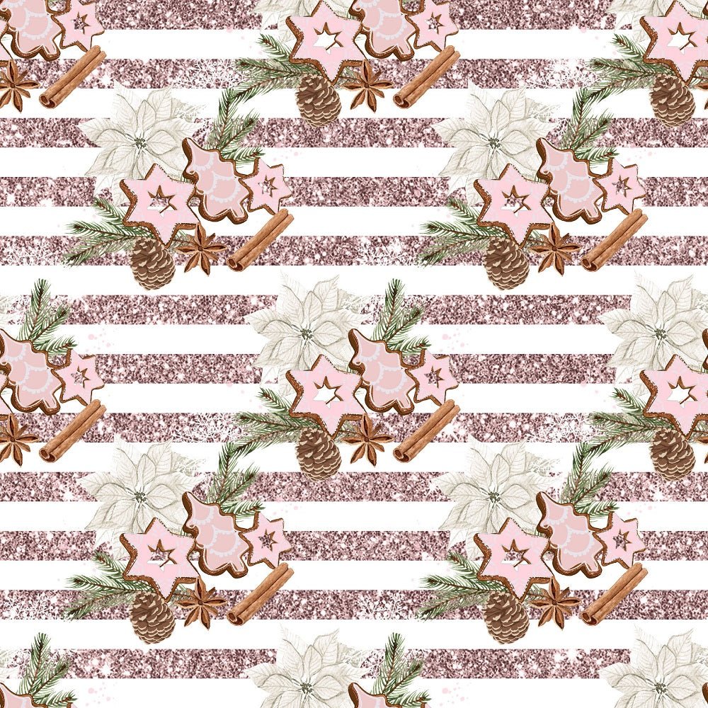Christmas Elements on Stripes Fabric - Pink