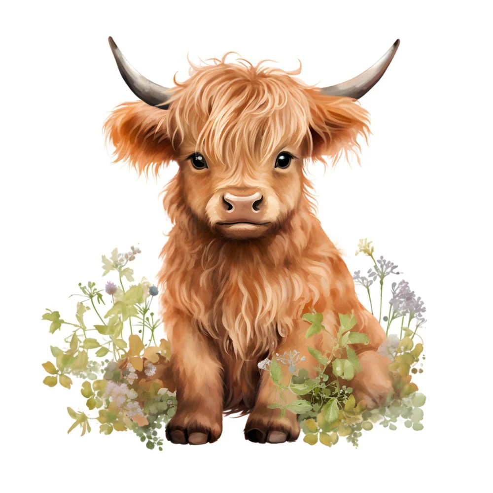 Christmas Highland Cow & Plants #5 Fabric Panel