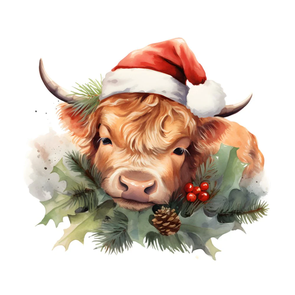 Christmas Highland Cow Santa Hat #4 Fabric Panel