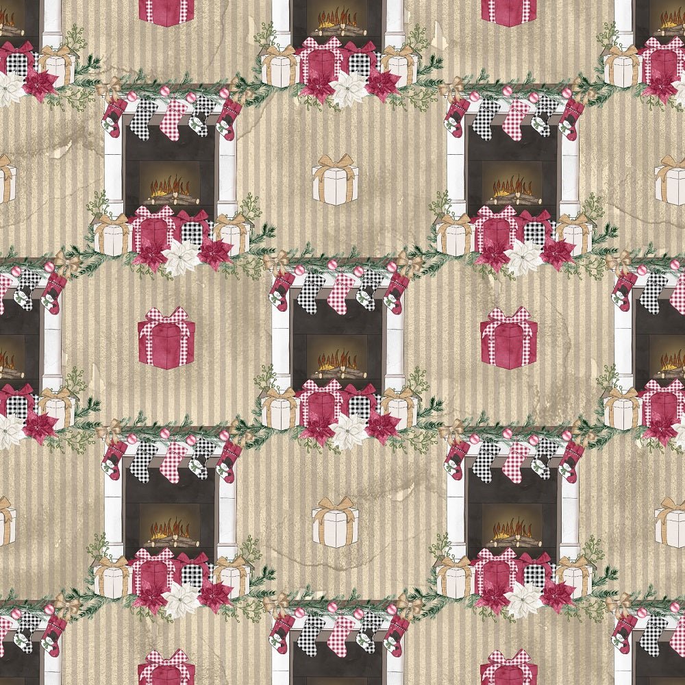 Christmas Home Fireplace on Stripes Fabric - Tan