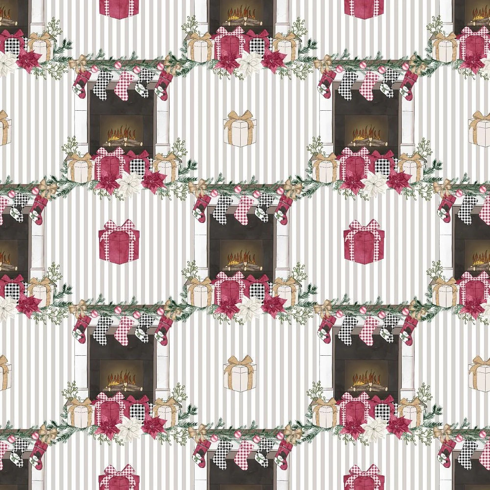 Christmas Home Fireplace on Stripes Fabric - White