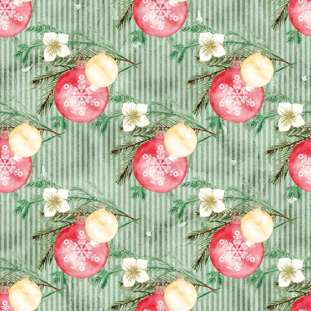 Christmas Joy Ornaments on Stripes Fabric - Green