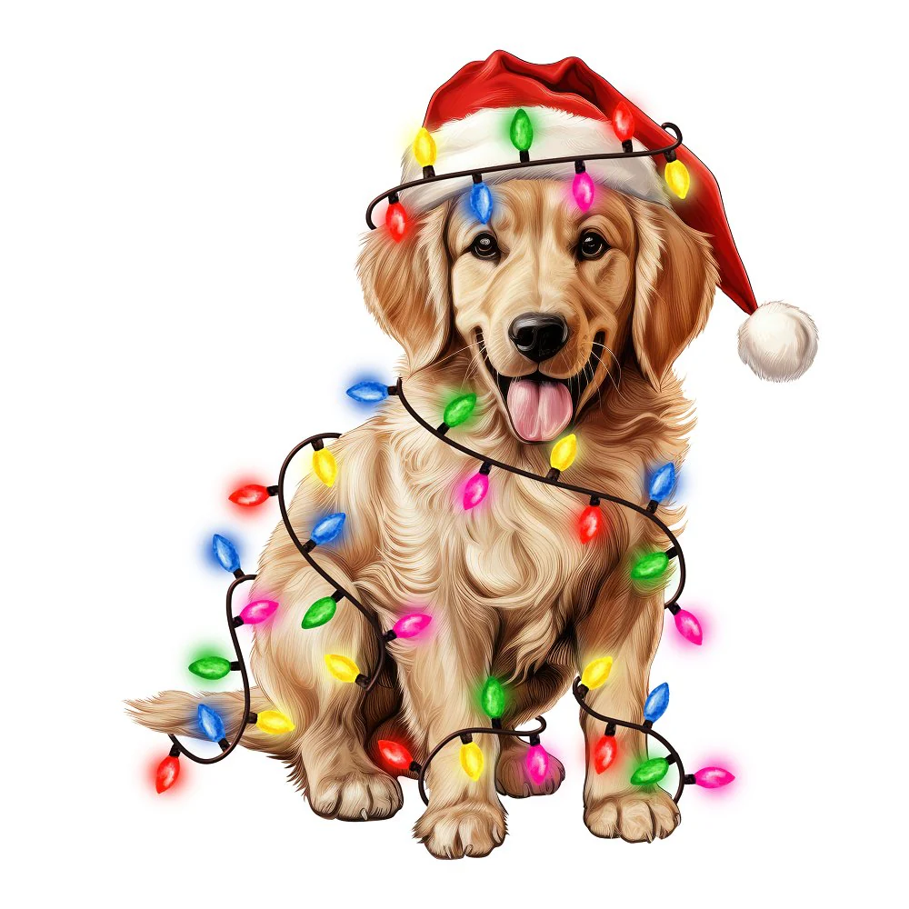 Christmas Lights & Golden Retriever Fabric Panel
