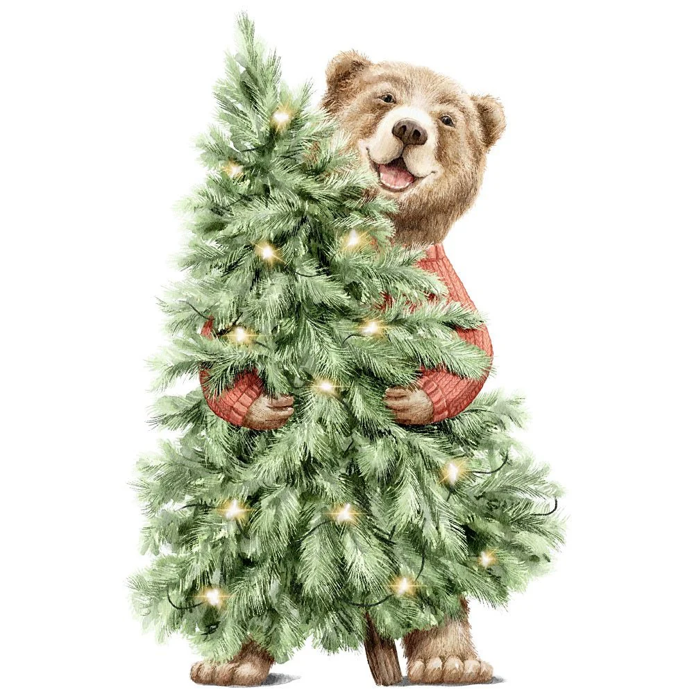 Christmas Little Critters Bear Holding Tree Fabric Panel