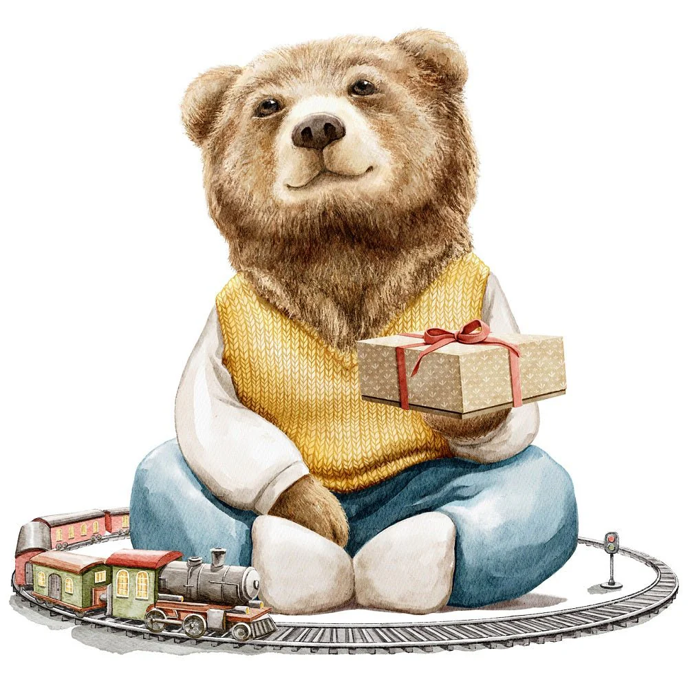 Christmas Little Critters Bear with Train Fabric Panel