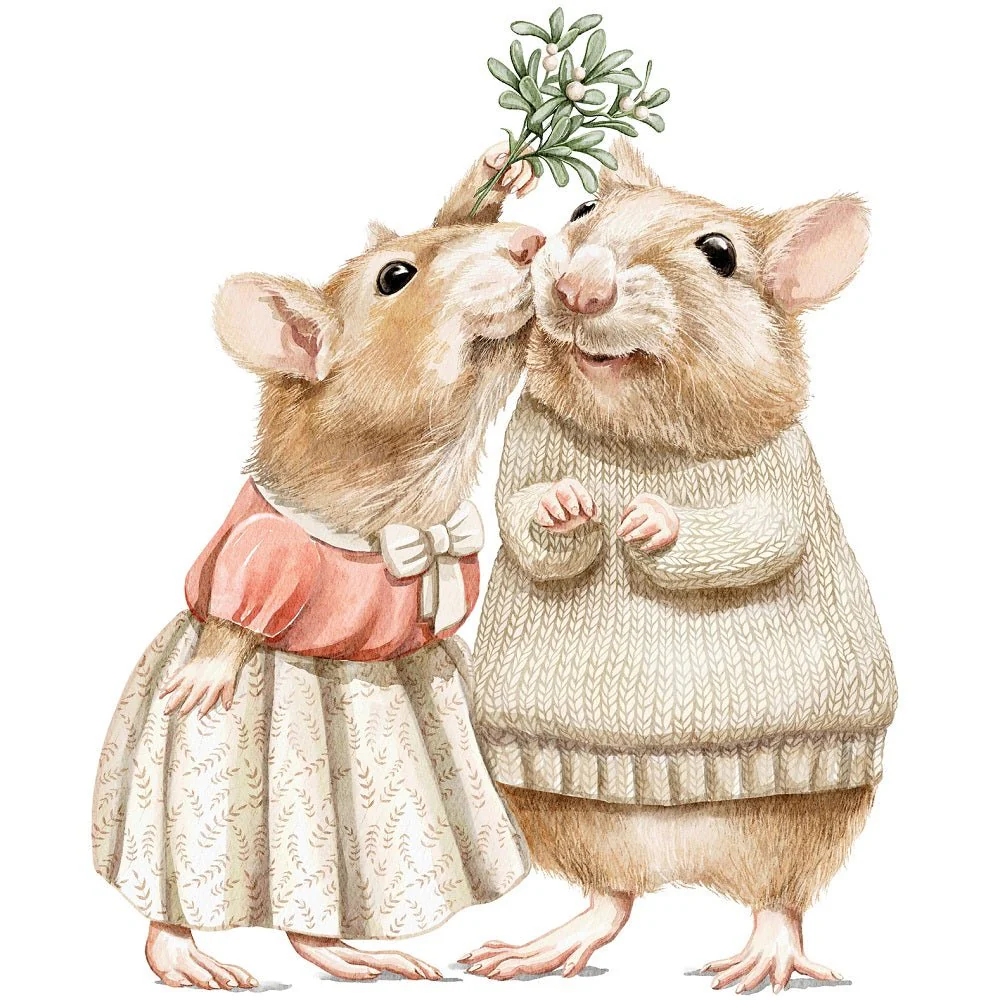 Christmas Little Critters Mice Kissing Fabric Panel