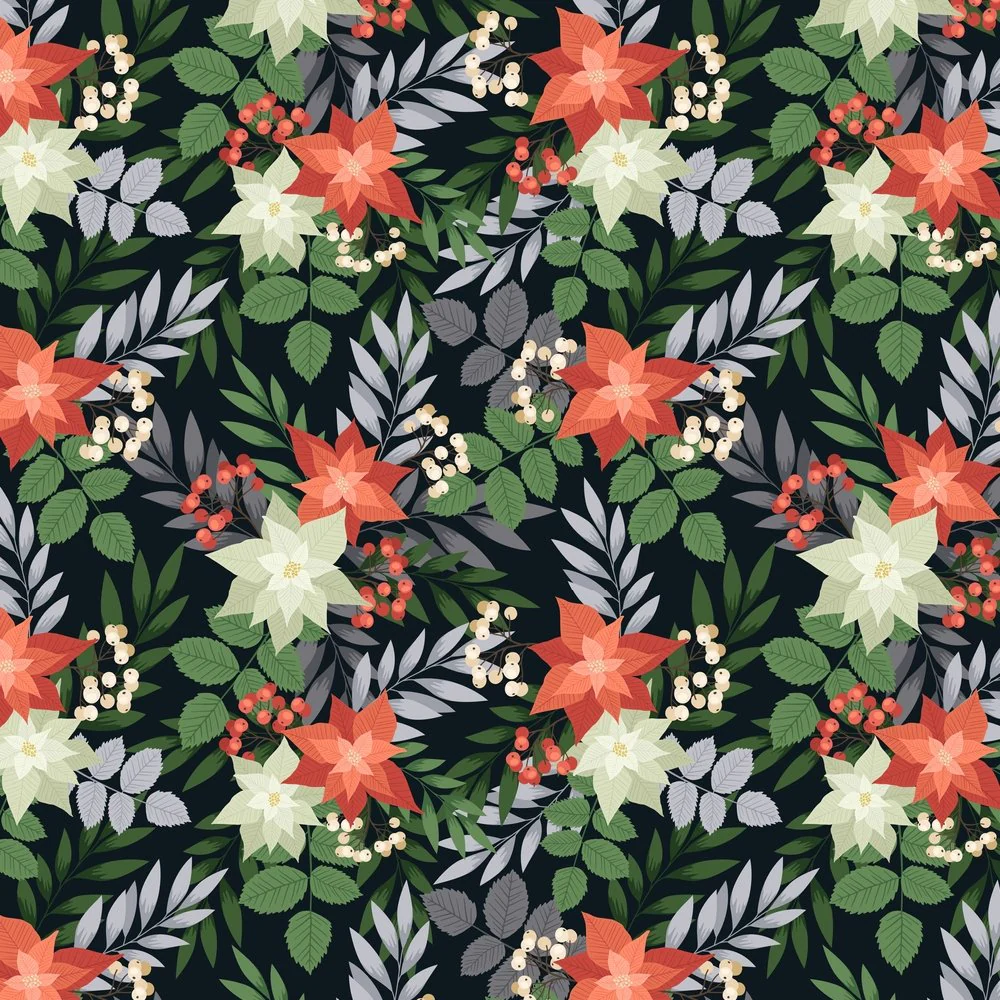 Christmas Poinsettia & Holly Fabric - Black