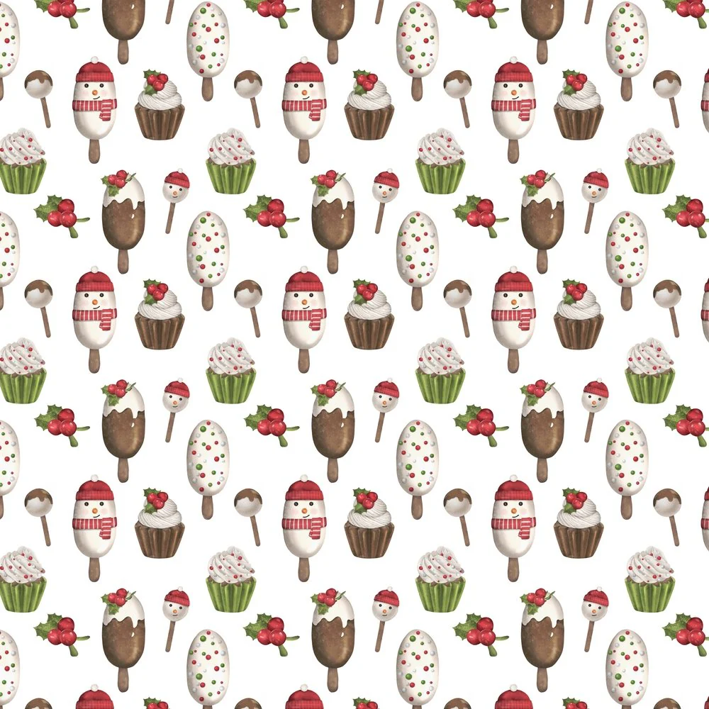 Christmas Popsicles & Cupcakes Fabric - White