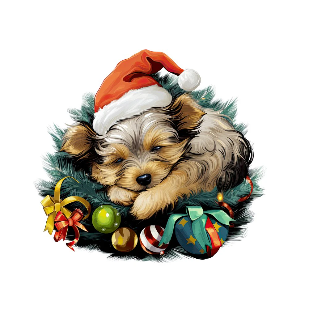 Christmas Sleeping Yorkshire Terrier Fabric Panel