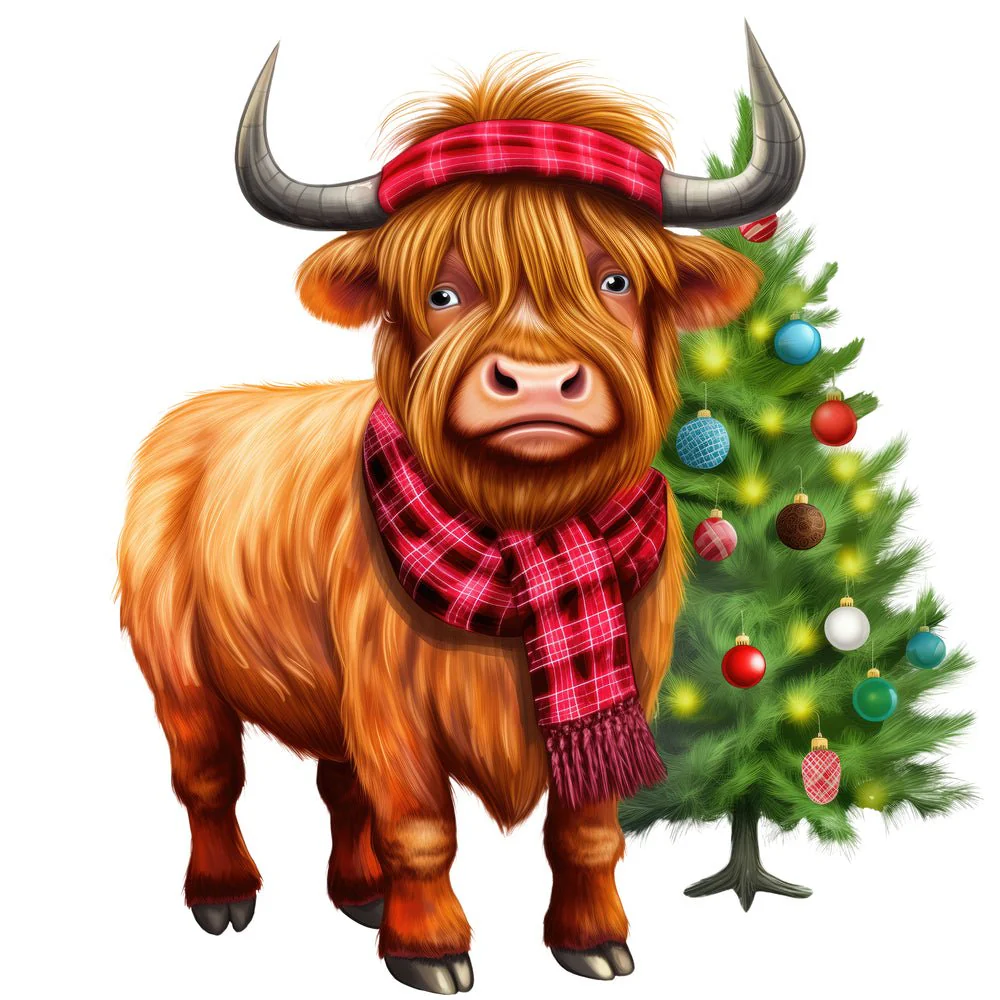 Christmas Spirit Highland Cows #5 Fabric Panel