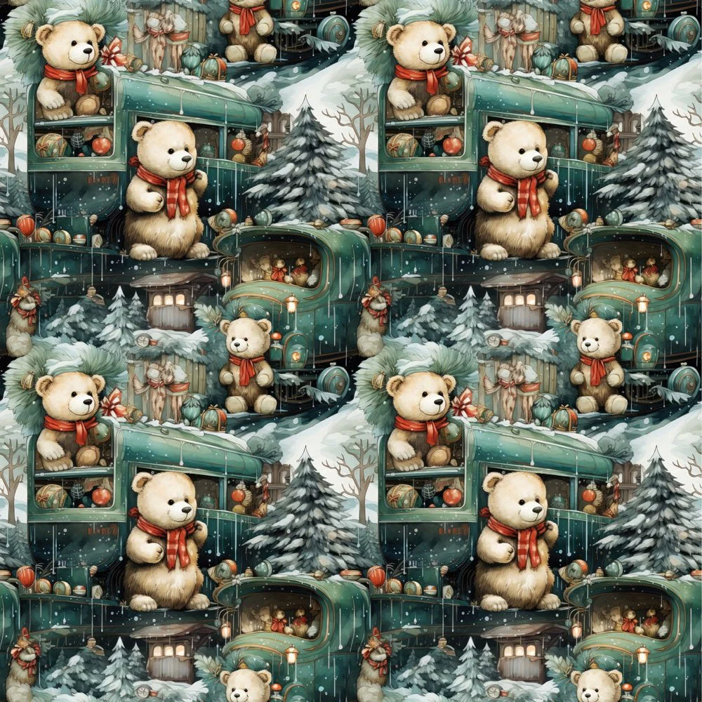 Christmas Teddy Bear on Train Fabric