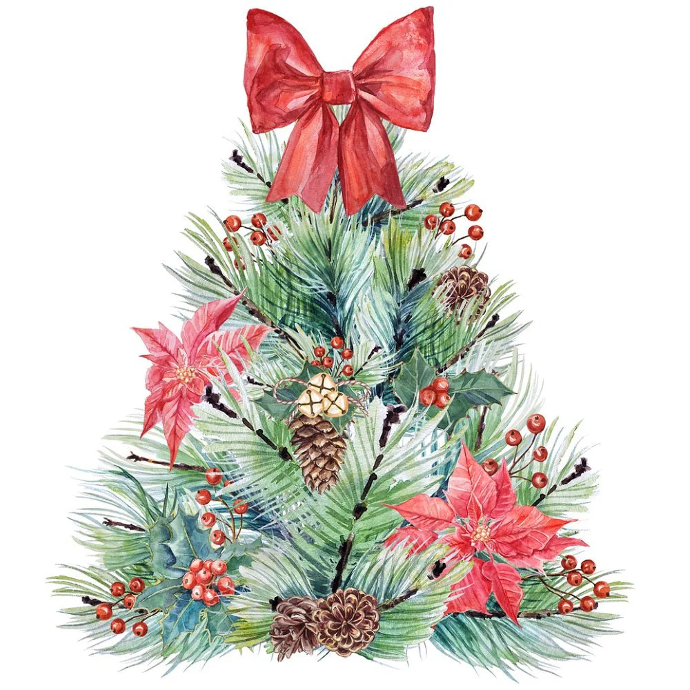 Christmas Tree with Poinsettias, Holly, Berries, and Pine Cones Fabric Panel