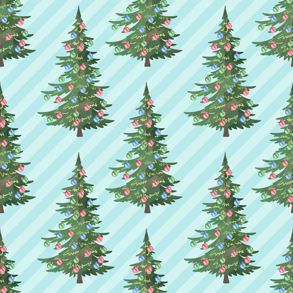 Christmas Trees on Diagonal Stripes Fabric - Blue