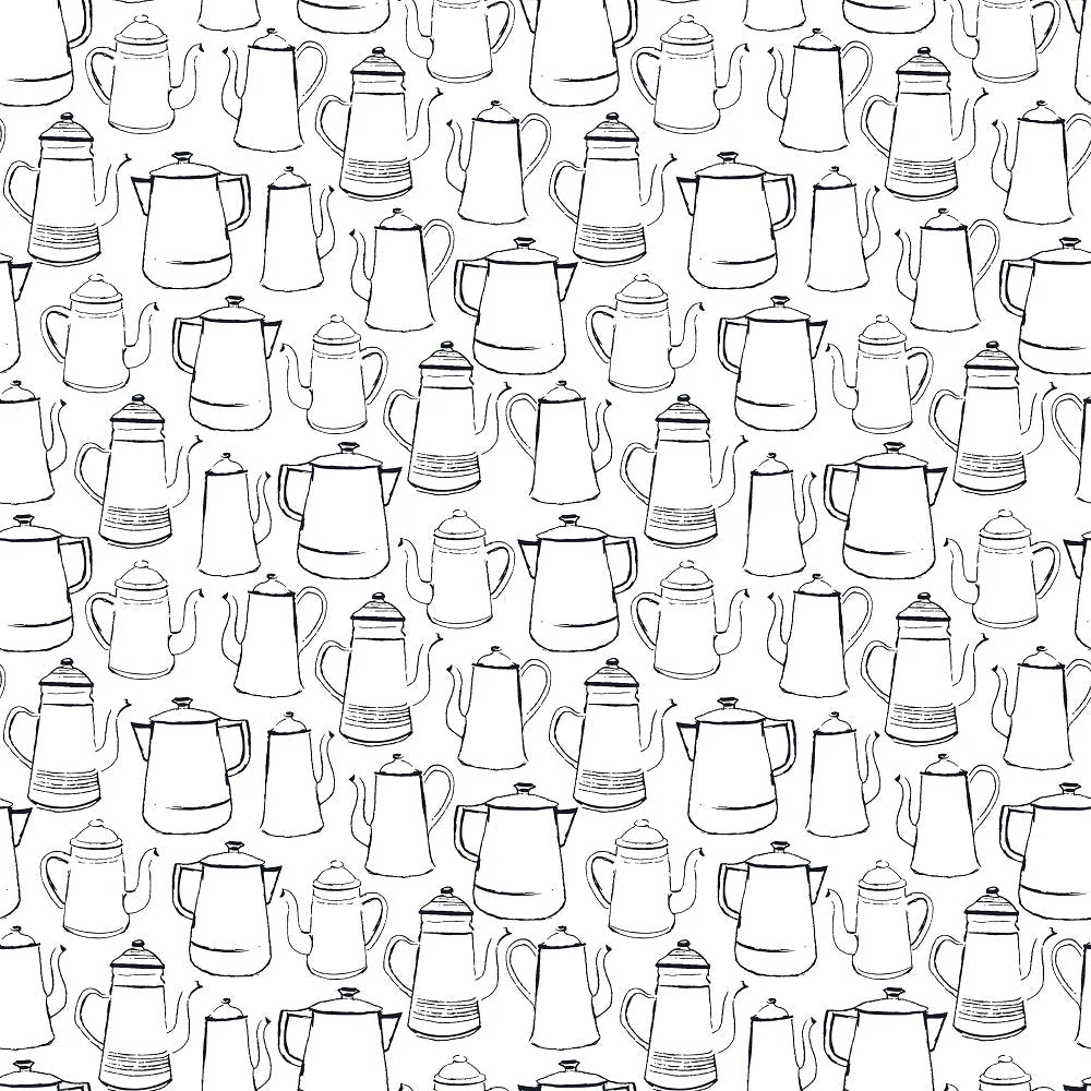 Coffee Lover Sketched Pots Fabric - White