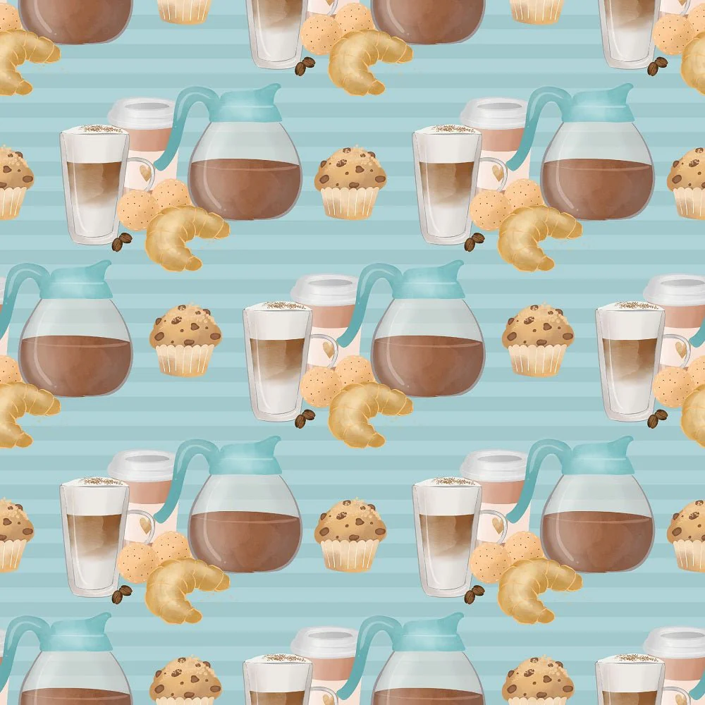 Coffee & Sweets On Stripes Fabric - Blue
