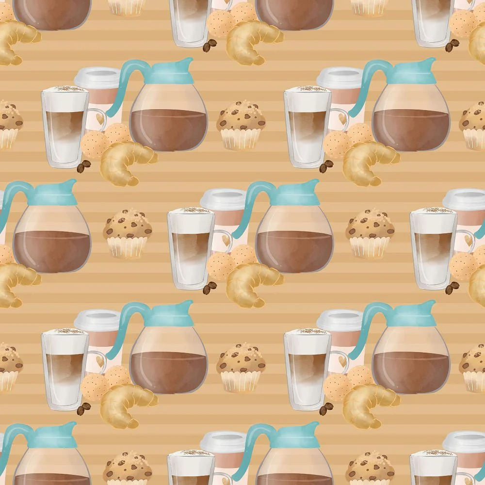 Coffee & Sweets On Stripes Fabric - Brown