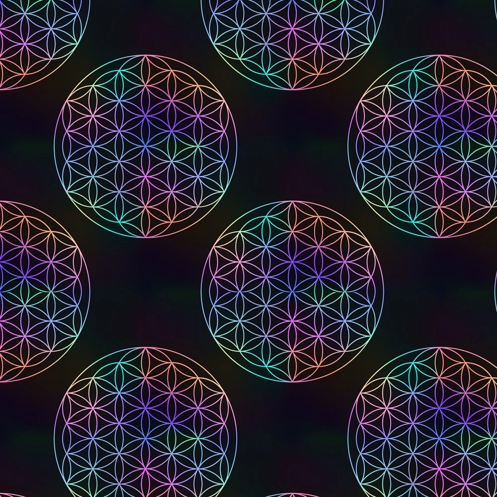 Colorful Flower Of Life Fabric - Black