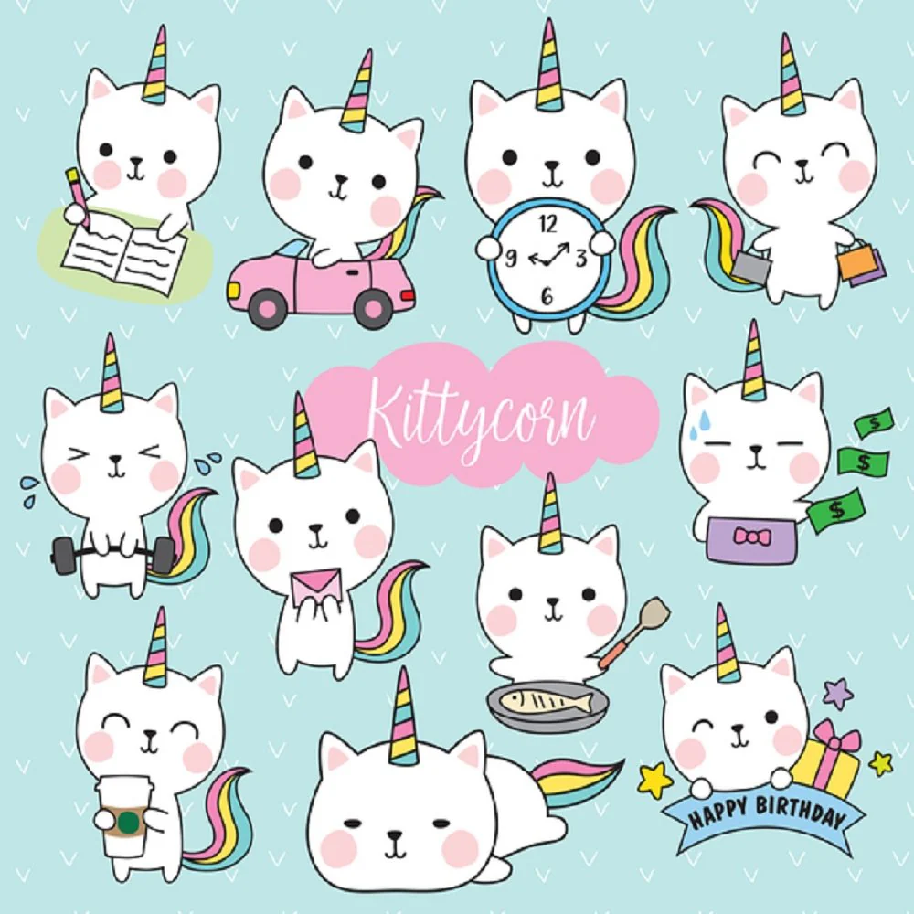 Colorful Kittycorn Fabric Panel - Blue