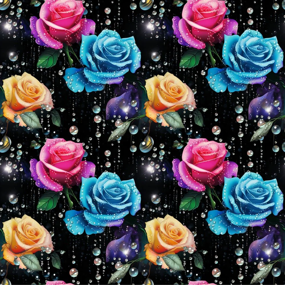 Colorful Roses & Water Droplets Fabric