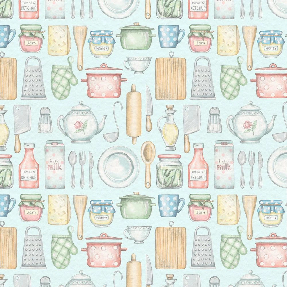 Cooking Utensils In The Kitchen Fabric - Blue