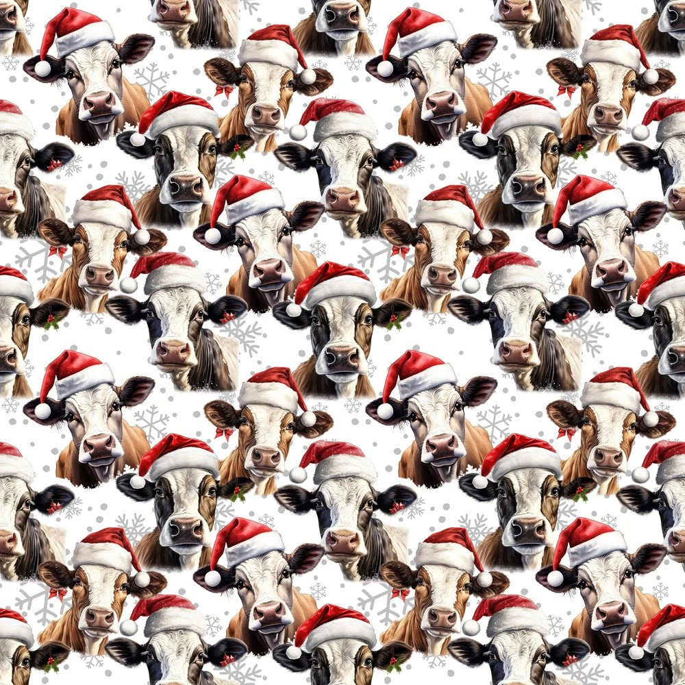 Cow In Santa Hats Fabric - White