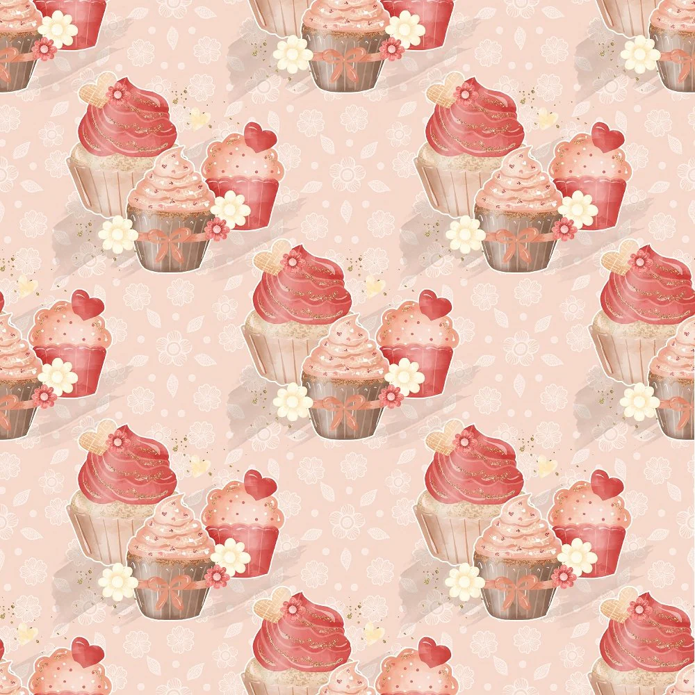 Cupcake Trio on Dainty Floral Fabric - Peach