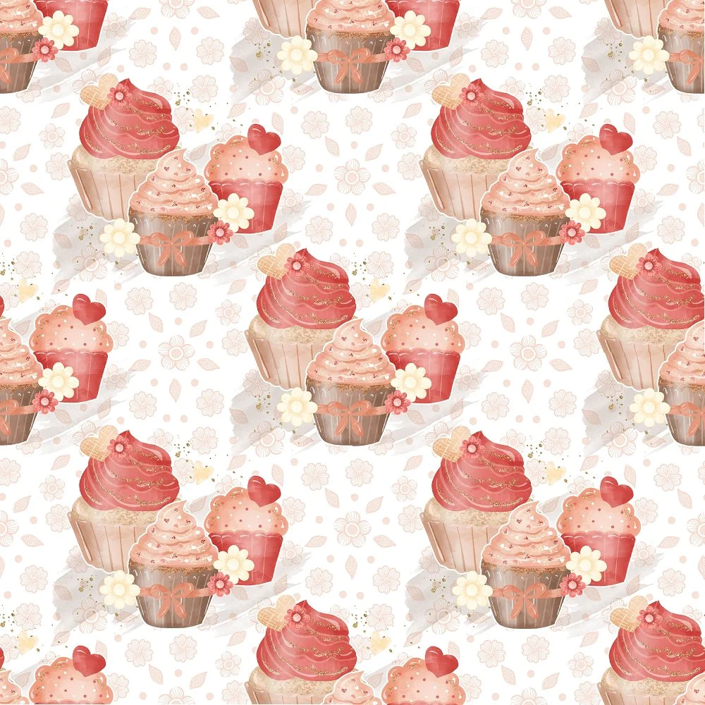 Cupcake Trio on Dainty Floral Fabric - White