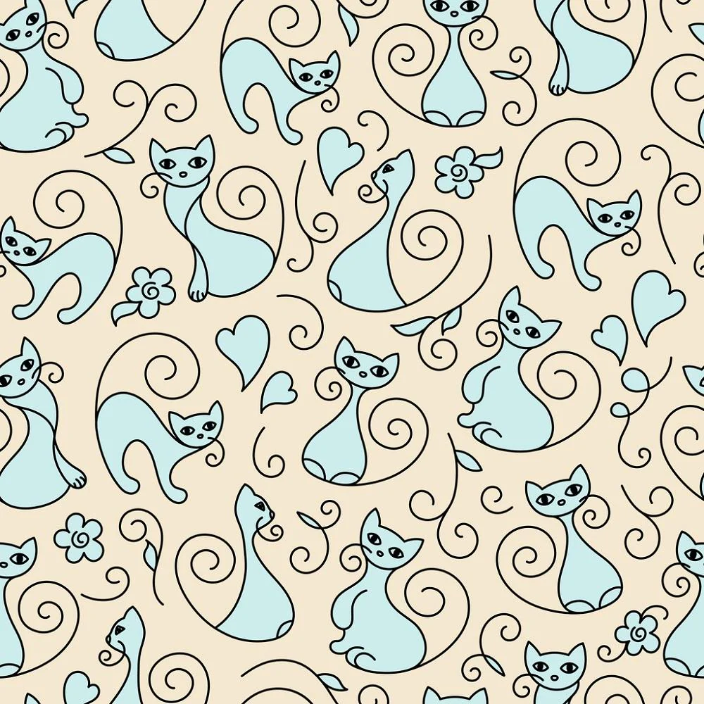Curly Cute Cats Fabric - Tan