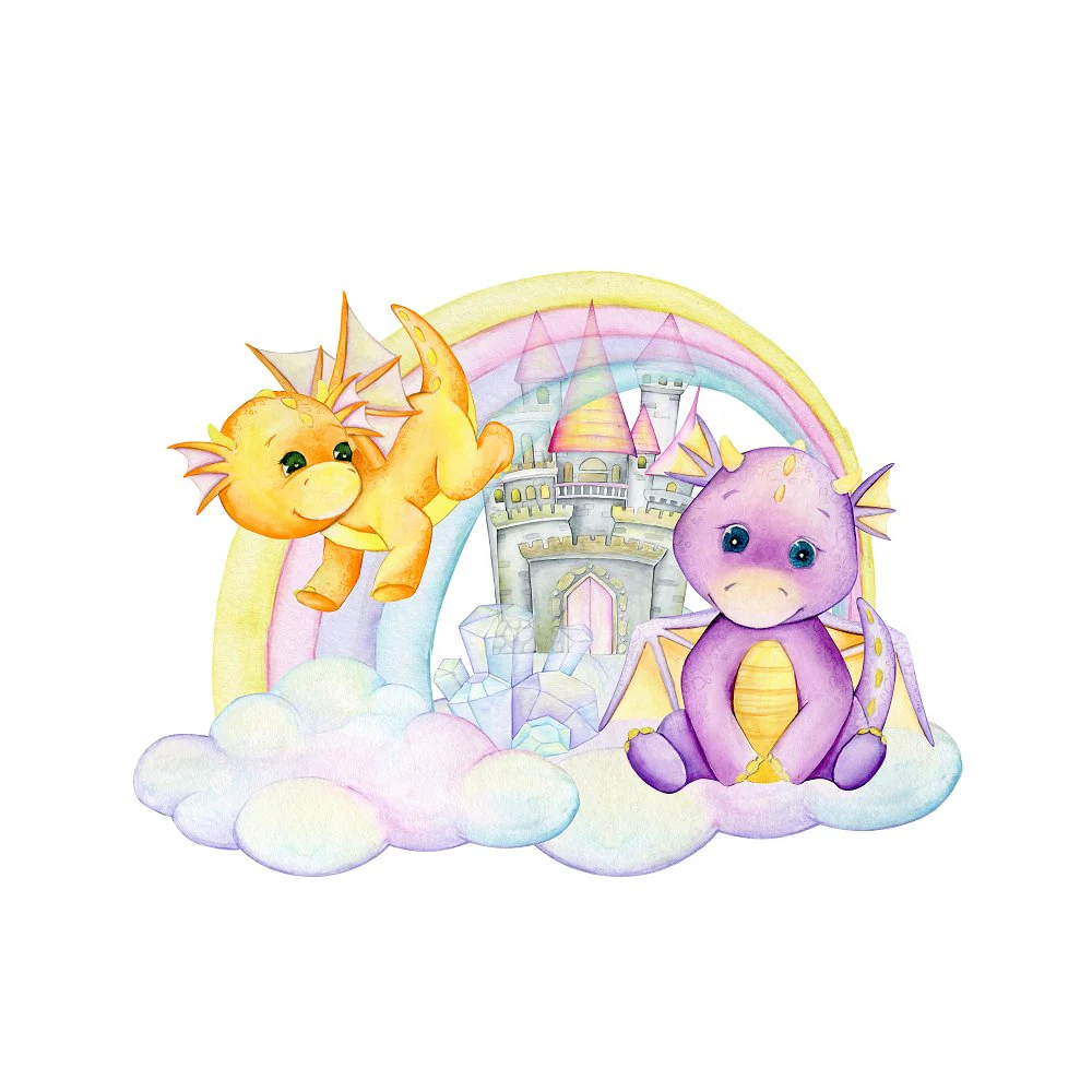 Cute Baby Dragons on Clouds Fabric Panel