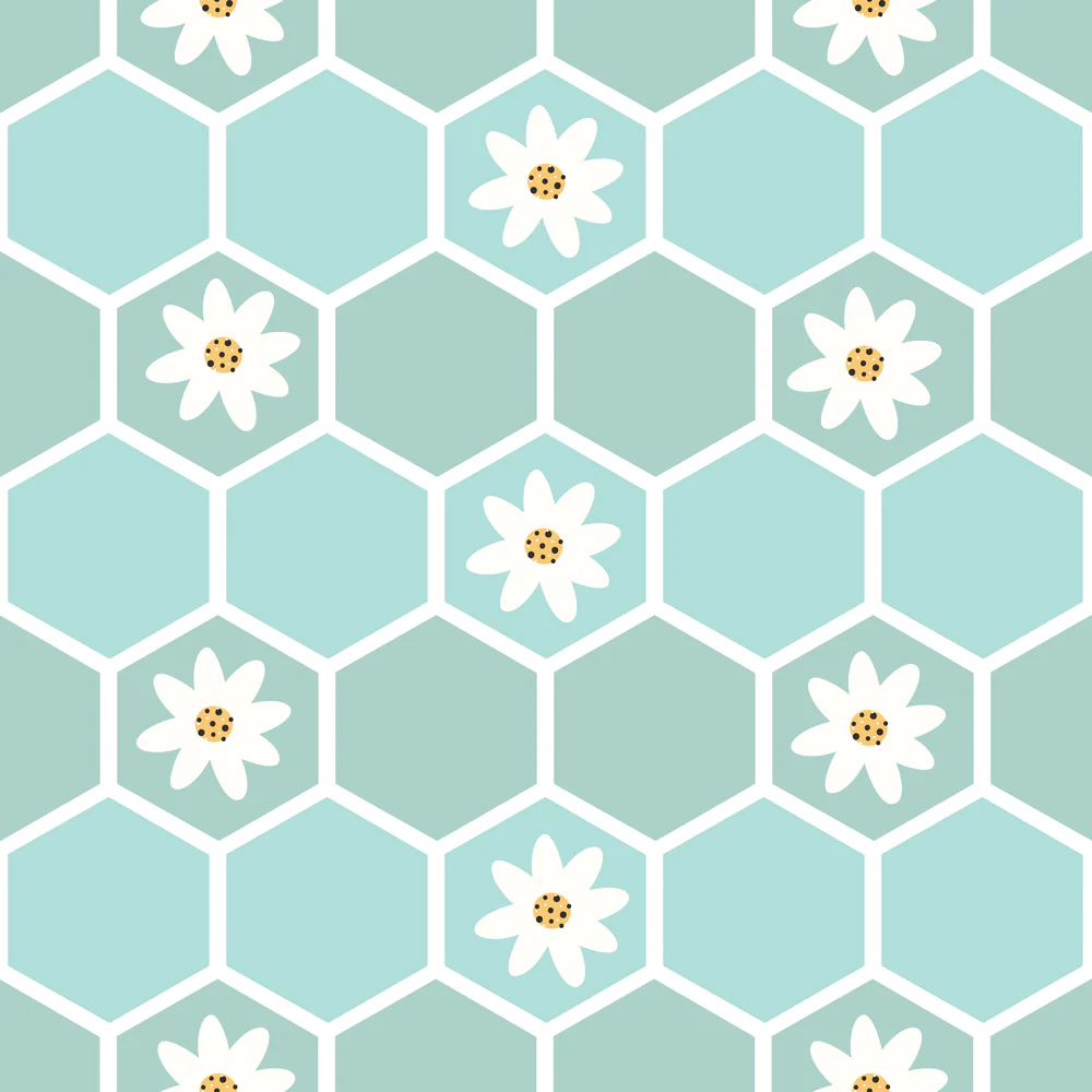 Cute Bees Floral Honeycomb Fabric - Blue